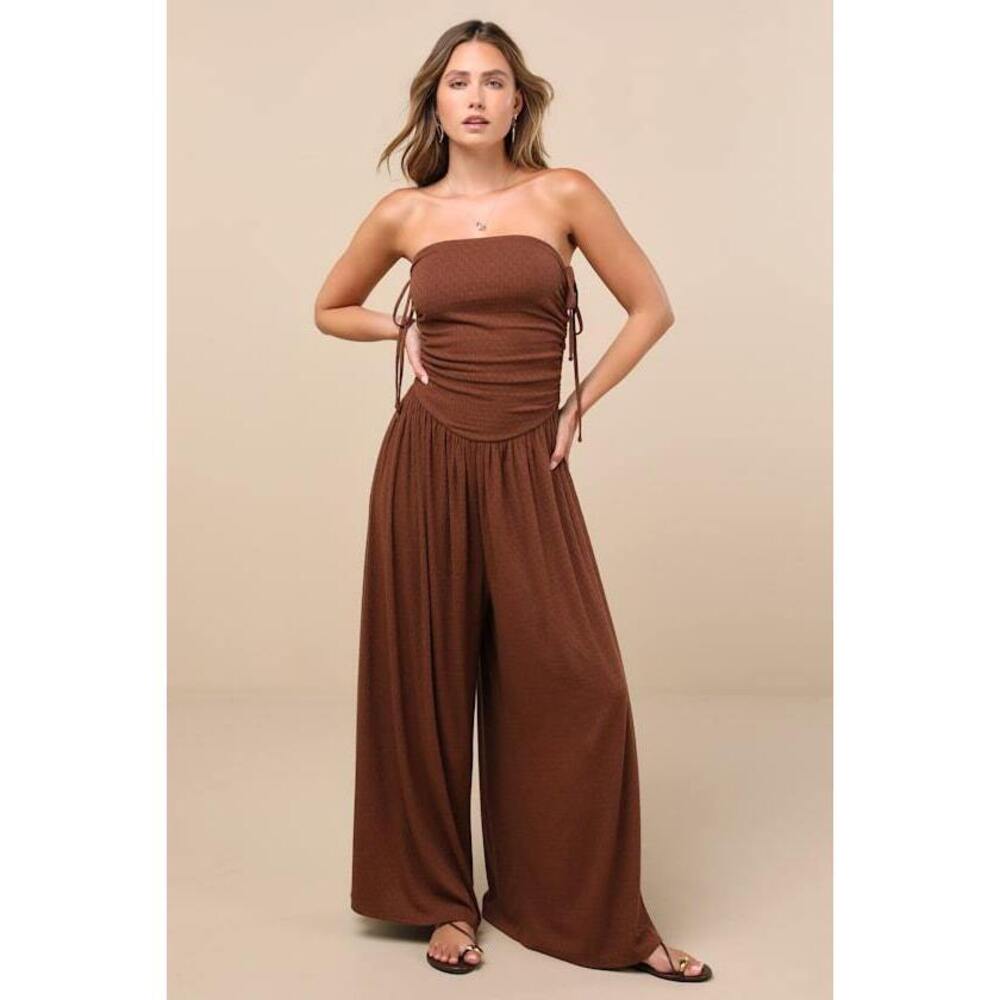 Lulus Halloran Chocolate Brown Pointelle Strapless Wide-leg Jumpsuit - Size S